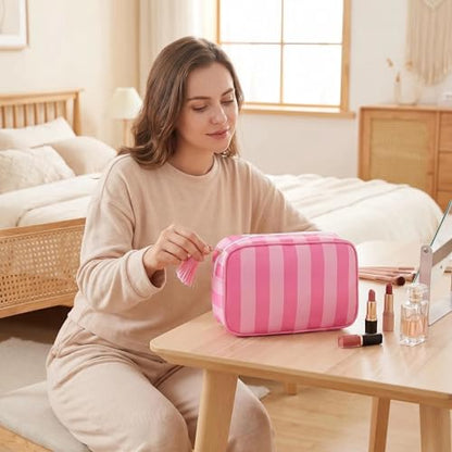 Preppy Striped Makeup Bag for Women, Structured Travel Cosmetic Pouch with Protective Sponge Padding, Large Canvas Toiletry Organizer with Tassel Zipper for Daily Purse(Pink) - color: Pink