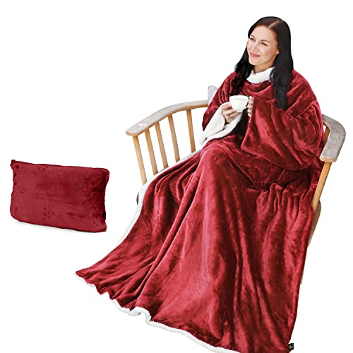 Catalonia Sherpa Wearable Blanket with Sleeves Arms - color: Wine