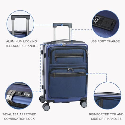 VANKEAN 20 Inch Expandable Hardshell Spinner TSA USB Port Carry-On Approved - color: Navy
