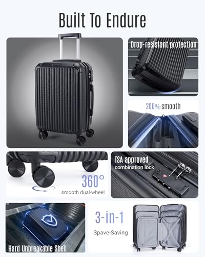 LIGHT FLIGHT 3 Pieces Luggage Sets with Spinner Wheels Hardshell TSA Lock - color: Black