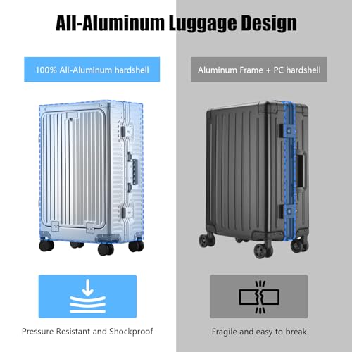 YYW All Aluminium Luggage With Spinner Wheels Lightweight PC hardside Rolling Suitcase, Built-In TSA lock Carry on Suitcase, with Cup Holder, USB Port, Phone Holder (Silver,24inch/39x25x65cm) - color: Silver, size: 24inch/39x25x65cm