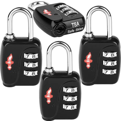 Safe Skies 3-Digit TSA Lock 4-Pack Black – Easy Set for Luggage - color: 4 PACK BLACK