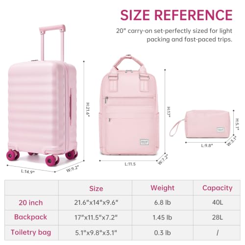 Carry On Luggage Set 3 Piece, Carry-on Suitcase With Wheels - color: BT-Pink