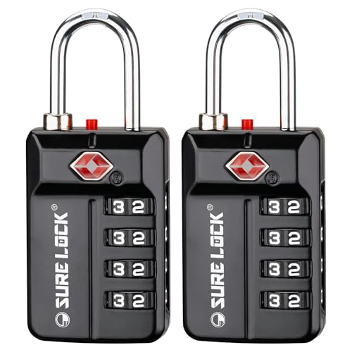 SURE LOCK TSA Approved 4-Digit Resettable Combination Luggage Locks with Open Alert, Easy-Read Dials - for Luggage, School Lockers, Gym, Office, Toolbox & Security Cases (Black 2 Pack) - color: BLACK 2 PACK