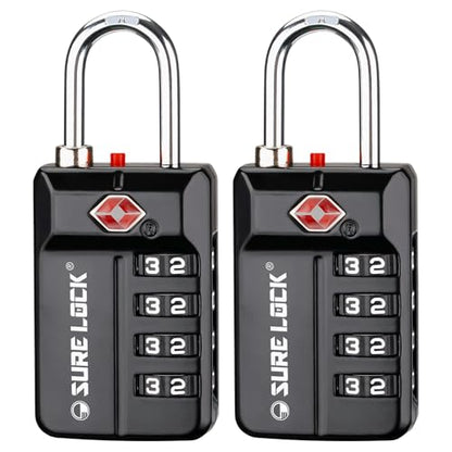 SURE LOCK TSA Approved 4-Digit Resettable Combination Luggage Locks with Open Alert, Easy-Read Dials - for Luggage, School Lockers, Gym, Office, Toolbox & Security Cases (Black 2 Pack) - color: BLACK 2 PACK