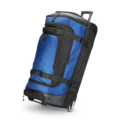 Amazon Basics 35-Inch Large Rolling Duffel Bag for Travel with Wheels and Handle, Durable Ripstop Polyester, 2 Layers of Space, Multiple Interior and Exterior Pockets, Blue - color: Blue, size: 35"