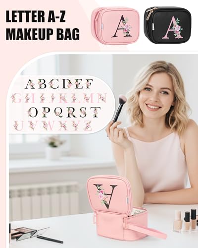 Relavel Mini Makeup Bag with Led Mirror, Initial Make Up Bag, Pink P - color: Pink, size: Mini with Letter, style: P