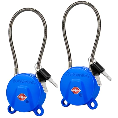 Forge TSA Approved Luggage Locks Ultra-Secure Dimple Key Cable Locks for Travel with Zinc Alloy Body- 2 Blue Locks - size: Blue 2 Locks