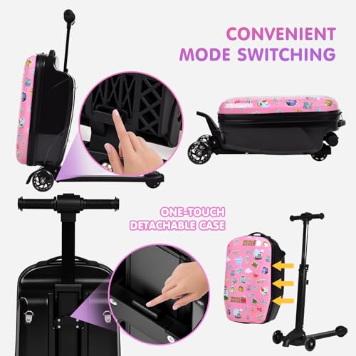 4-in-1 Detachable Scooter Luggage for Kids, Foldable Ride-On Suitcase - color: Pink