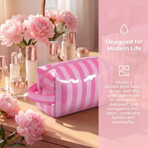 PVC Striped Clear Coated Waterproof Makeup Bag(16Pink Striped) - color: 16Pink Striped