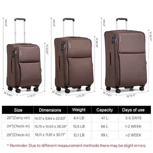 Hanke Luggage Set, 3 Piece 20/24/28 Inch Suitcases with Garment Compartment - color: Coffee, size: 3 Pc Set(20/24/28)
