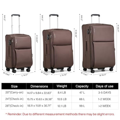 Hanke Luggage Set, 3 Piece 20/24/28 Inch Suitcases with Garment Compartment - color: Coffee, size: 3 Pc Set(20/24/28)