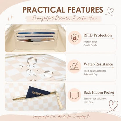 Spacious RFID Checkered Crossbody Bag Nylon Bum Bag for Women Travel Purse - color: Beige Checkered
