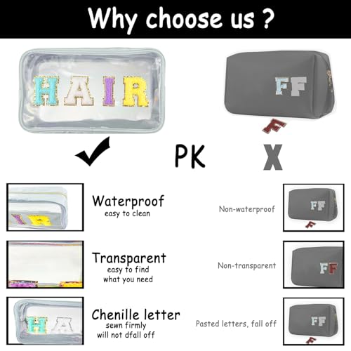 Bunliuys Chenille Letter Clear Makeup Bag with Nurse Patch, Travel Toiletry Makeup Bag with Handle, Nylon Waterproof Cosmetic Bag, Preppy Patch Makeup Bag for Women (NURSE-Black) - color: Black3