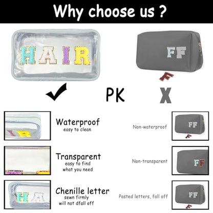 Bunliuys Chenille Letter Clear Makeup Bag with Nurse Patch, Travel Toiletry Makeup Bag with Handle, Nylon Waterproof Cosmetic Bag, Preppy Patch Makeup Bag for Women (NURSE-Black) - color: Black3