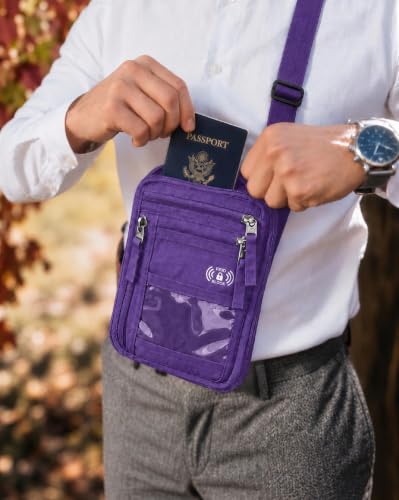 Passport Holder for Travel, RFID Blocking Neck Wallet, 9 Pockets - color: Purple