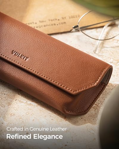VULKIT Genuine Leather Glasses Case, Magnetic Closure Sunglasses Case, Eye Glasses Cases for Men & Women Spectacle Cases - color: Saddle Brown