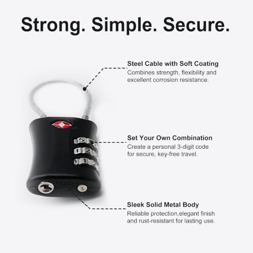 TSA Locks for Luggage, Small Combination Padlock, Luggage Locks TSA Approved, Padlock Combination with Cable, for Suitcase, Gym Locker, Gun Case, Ammo Can, Backpack Zipper (Black+Black) - color: Black+Black