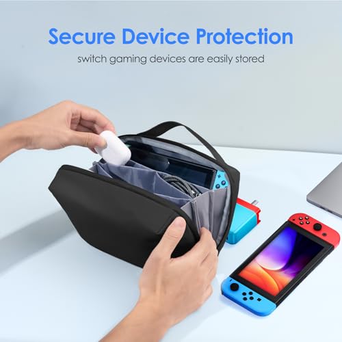 LENTION Premium Waterproof Electronics Organizer Travel Bag with Handle | Large Multi-Compartment Carry Case Fits Tablet, Chargers, Cables, Airpods & Hard Drives to Organize Small Tech Accessories - color: Black