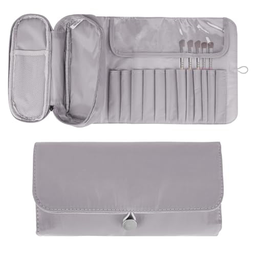 LUEXBOX Portable Folding Makeup Brush Bag, Multifunctional Cosmetics Rolling Storage Case Makeup Brush Holder for Travel, Makeup Brush Organizer Bag (Grey) - color: Grey