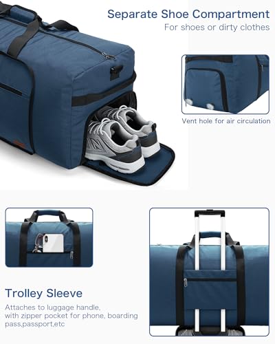 80L Extra Large Foldable Duffle Bag for Travel with Shoe Compartment - color: Dark Blue, size: 80L