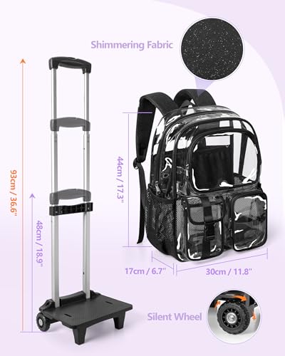 Yarwo Rolling Clear Backpack, 17" Transparent Bag with Detachable Trolley - color: Black