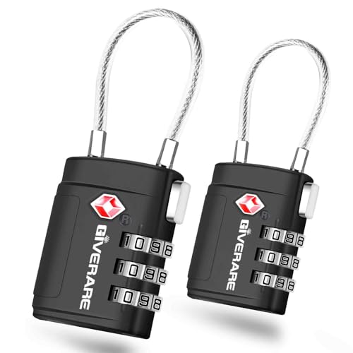 2 Pack TSA Approved Luggage Locks, Cable Travel Lock Alloy, Set Your Own Combination Metal Suitcase Zipper Padlock, 3-Digit Long Shackle Padlocks for Gym Locker, Golf Bag, Case Anti Theft-Black