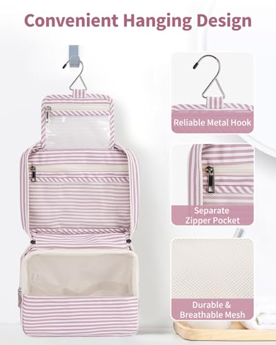Narwey Hanging Travel Toiletry Bag for Women, Travel Makeup Organizer Bag - color: ZB-Dusty Pink Stripe