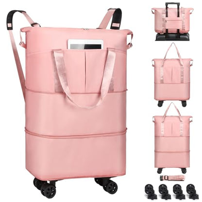 Duffel Bag with Wheels - Rolling Foldable Expandable Duffle bags for Travel, Rolling Under Seat Luggage Carry On Travel Bag, Large Wheeled Overnight Weekender Bag (Pink) - color: Pink