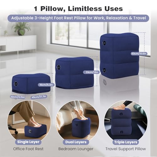 Inflatable Foot Rest Pillow for Airplane, 3 Height, Blue, 2-Pack | Adjustable Leg Rest Pillow for Air Travel, for Economy Class, Car, Office and Homes, with Earplugs and Eye Masks - size: 2 Pack