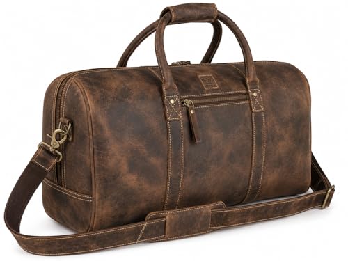 Genuine Leather Duffle Bag for Men & Women – Stylish Travel Weekender Bag with Shoulder Strap – Overnight, Gym, or Carry-On Luggage Bag – Vintage Brown - color: Brown