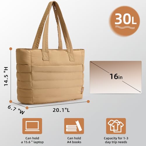 Axcone Puffer Tote Bag for Women Lightweight Quilted Work with Multi-Pockets, Laptop Compartment and Makeup Pouch Gift - color: Khaki