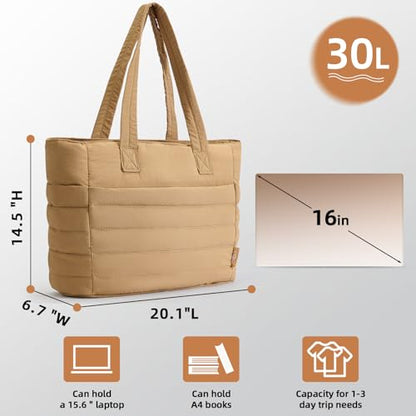 Axcone Puffer Tote Bag for Women Lightweight Quilted Work with Multi-Pockets, Laptop Compartment and Makeup Pouch Gift - color: Khaki