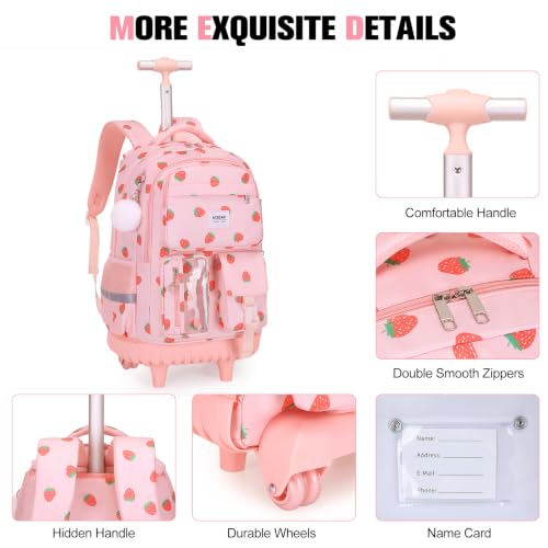 ACESAK Rolling Backpack for Girls with Lunch Box Pencil Case - color: Pink Strawberry
