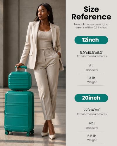 Kono Carry On Luggage Set Airline Approved with Spinner Wheels - color: Turquoise, size: 2-piece Set (12/20)