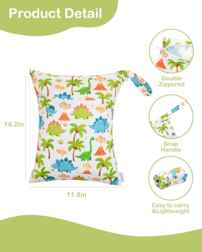 ALVA 2pcs Wet Dry Bags for Diaper Bag Waterproof Reusable with Two Pockets - color: Cute Dinosaurs