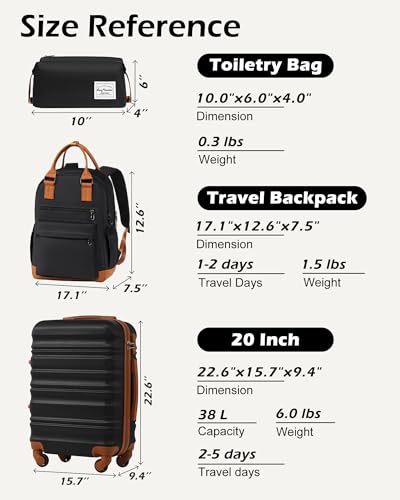 LONG VACATION Luggage Sets, 3 Piece, 20 Inch Carry On Hardshell Suitcase - color: BLACK-BROWN, size: 3-Piece Set (20-Inch BP/TB)