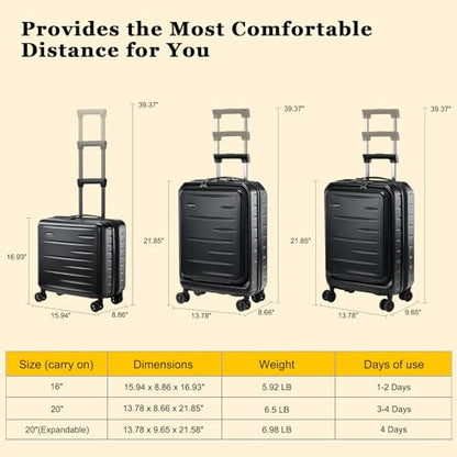 CENSIEN Expandable 16 Inch Carry On Luggage Airline Approved Small Suitcase - color: Black, size: 16 Inch EXT