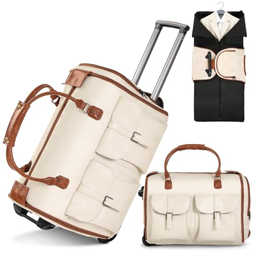 Garment Bags for Travel, 2-in-1 Convertible Rolling Duffle Bag with Wheels, Modern Carry-on Travel Bag for Suits, Foldable Suit Bag, Telescopic Handle, Hanging Hook - color: Beige