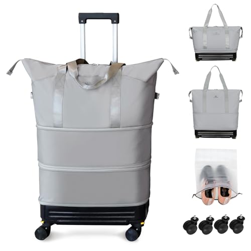 Rolling Duffel Bag with Detachable Wheels & Handle,Expandable Foldable Travel Duffle Bag,Carry on Luggage Large Tote Bag for Gym Overnight Weenkend Trip(Grey) - color: Grey with Handle