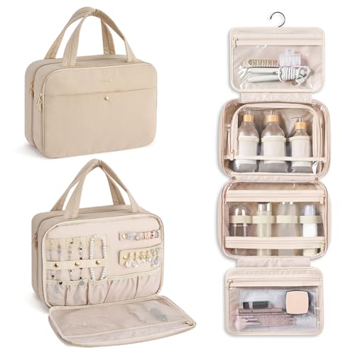 Hanke Hanging Travel Toiletry Bag with Jewelry Organizer, Apricot - color: Apricot