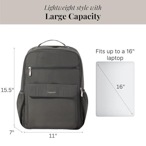 Baggallini Everyday Laptop Backpack - 11x15.5 Lightweight Water-Repellent Nylon Travel Bag w/Padded Laptop Sleeve & RFID - color: Charcoal