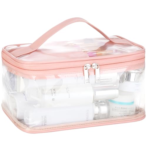 HAOGUAGUA Clear Makeup Cosmetic Bag with Brush Compartment, Portable Waterproof Travel Transparent Toiletry Bags for Traveling Storage Organizer (PINK) - color: PINK