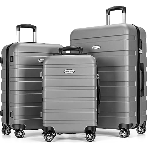 Luggage Sets Hardside Lightweight Suitcase with Spinner Wheels TSA Lock, 3-Piece Set (20/24/28) - color: Silver
