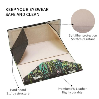 Foldable Glasses Case, Magnetic PU Leahter Sunglasses Case, Cute Hard Shell Folding Eyeglass Cases for Women Kids - color: Black Flowering Shrubs