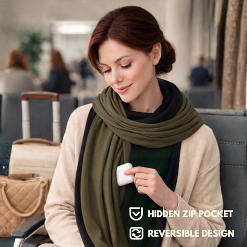 16-in-1 Compact Travel Blanket with Bag – Reversible, Ultra Soft Bamboo Airplane Blanket with Hidden Pocket – Packable for Flights & Travel Essentials (Semi-Weighted, Double Layer) - color: Olive/Black