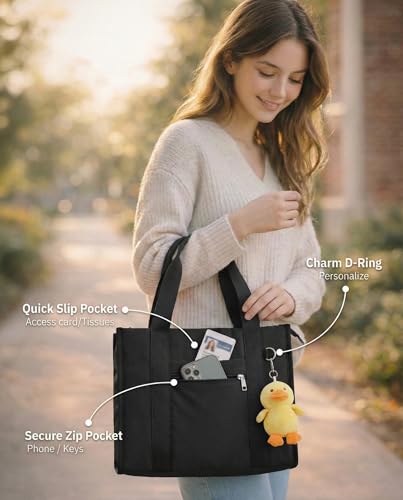 Work Tote Bag for Women, Lightweight Puffer Tote Crossbody with Zipper - color: Black