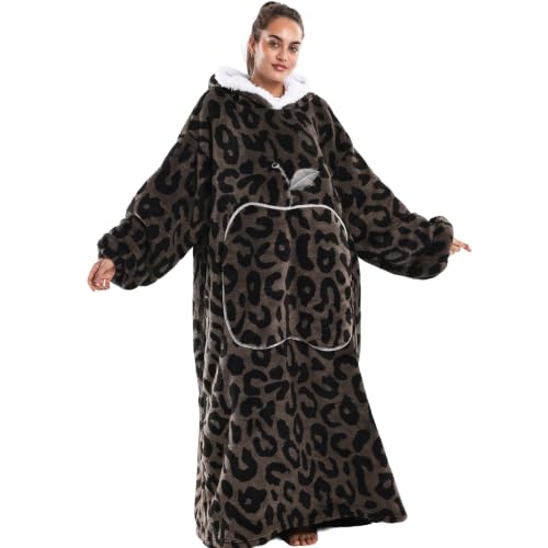 Capecage Long Wearable Blanket Hoodie with Big Pocket,Gift for Women or Men - color: Brown Leopard Print