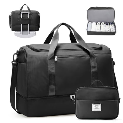 Travel Duffle Bag with Shoe Compartment, XL Weekender Bags for Women - color: B-Black with Toiletry Bag, size: Extra Large