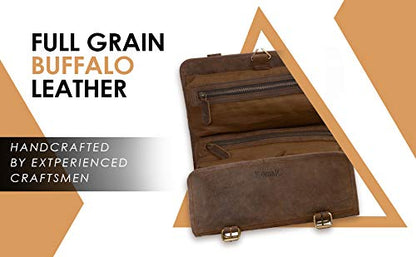 KomalC Premium Buffalo Leather Hanging Toiletry Bag Travel Dopp Kit - color: Distressed Tan